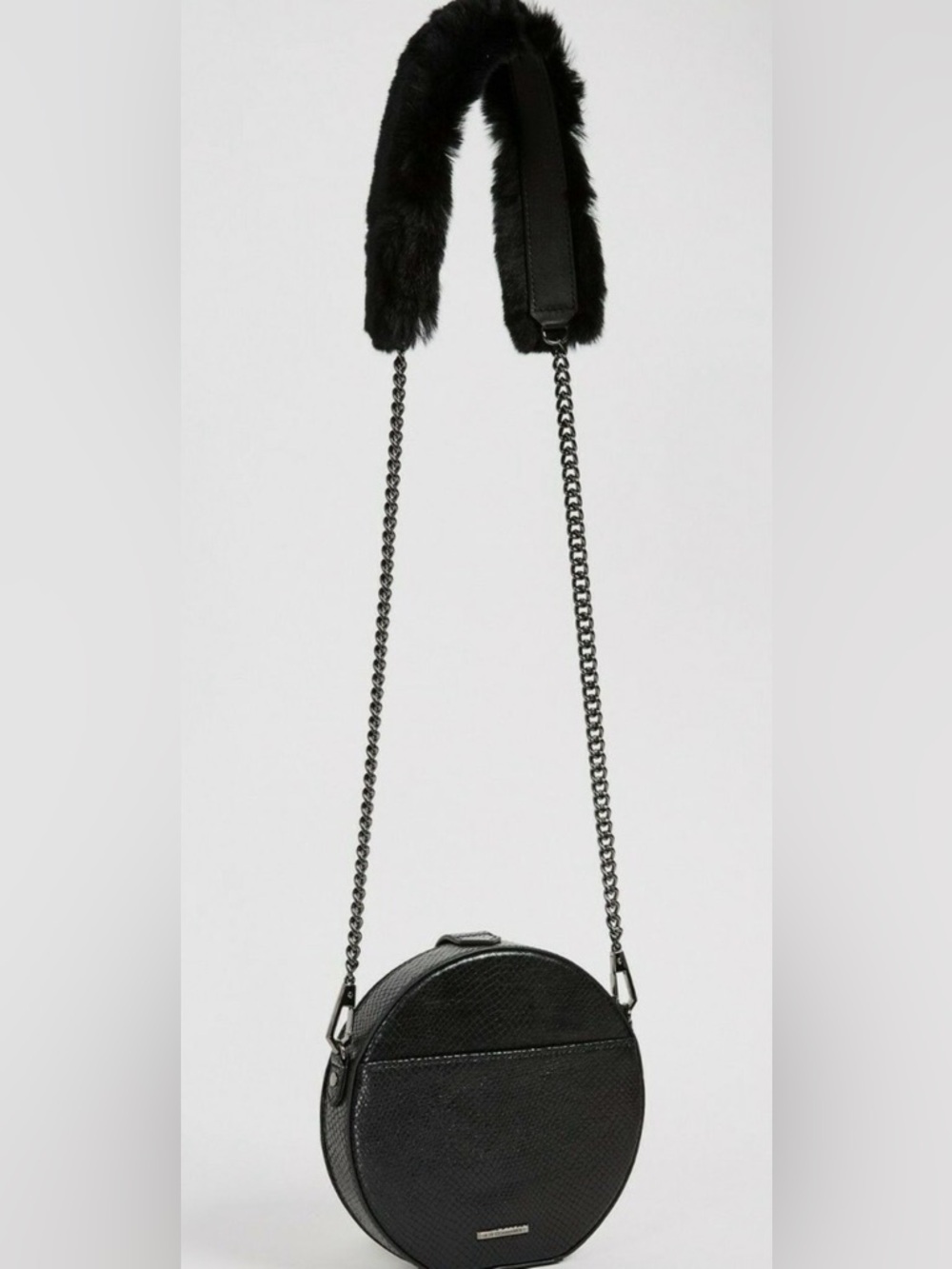 Rebecca Minkoff mini crossbody/clutch rabbit fur on top of strap, leather bag.